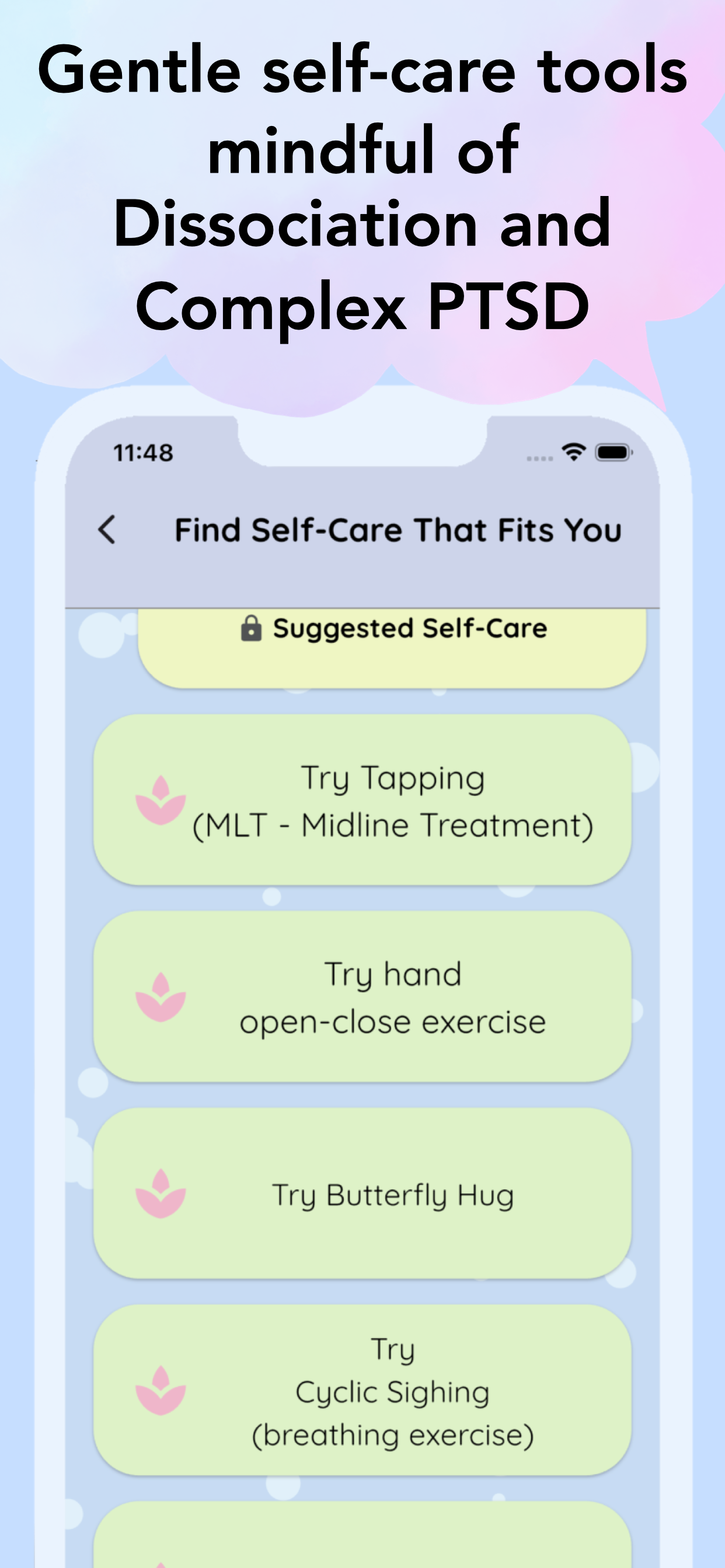 Trauma care app CalmSeed self-care exercise selection screen