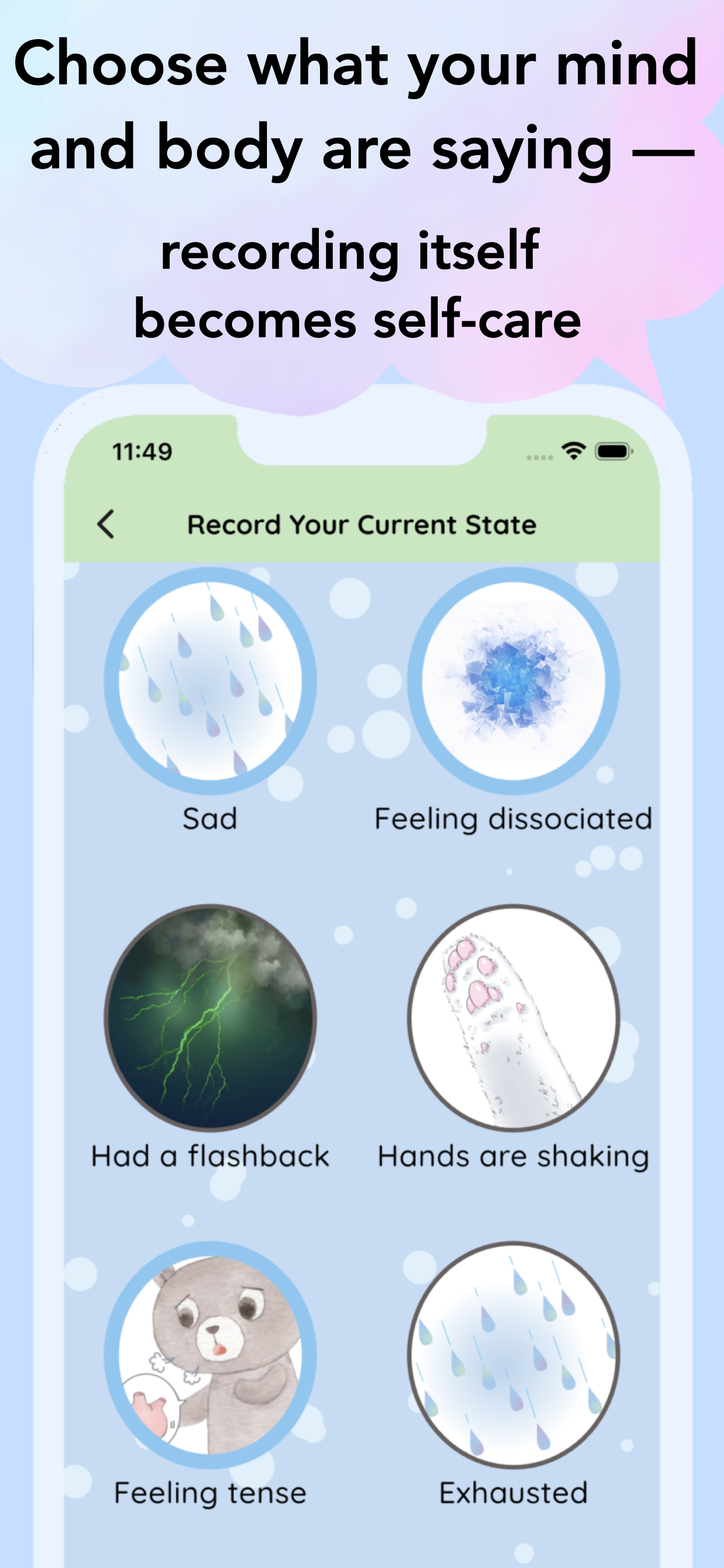 Trauma care app CalmSeed mood and condition tracking screen